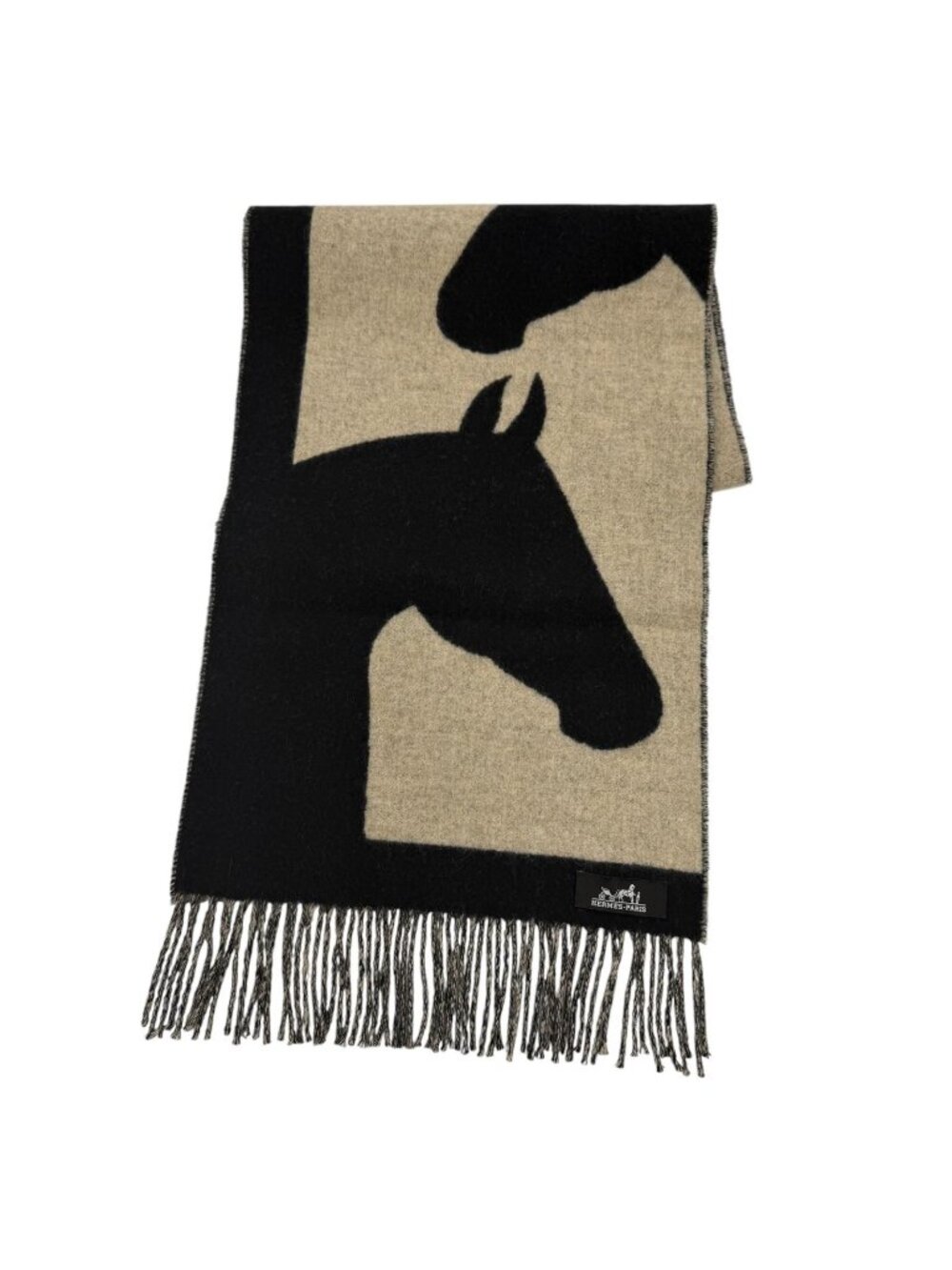 Hermes Love Story Scarf Cashmere with Fringe Horse Pattern Black Beige - Picture 1 of 10